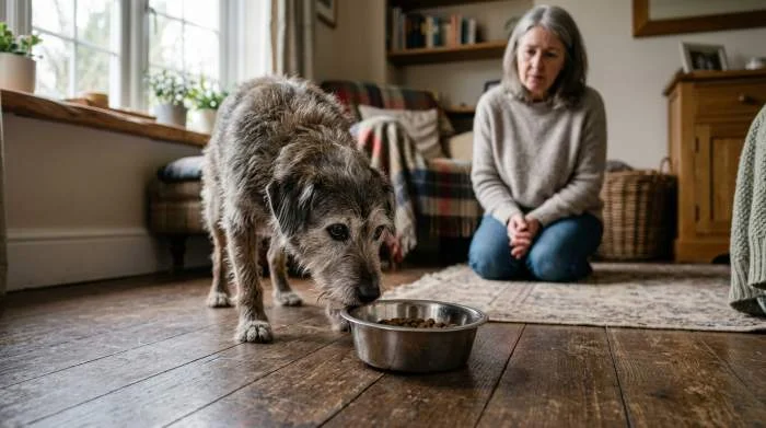 Hund trägt leeren Futternapf im Maul durch die Wohnung, Anzeichen für Hunger oder instinktives Verhalten