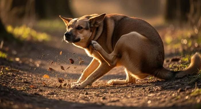 Hund scharrt nach Kotabsetzen mit Hinterpfoten über Gras, um Duftmarken aus den Pfotenballen zu verteilen