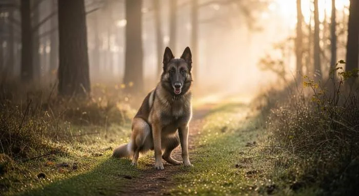 Hund sucht beim Kotabsetzen auf dem Spaziergang den vertrauensvollen Blickkontakt mit dem Besitzer als Schutzsignal aus der Wolfszeit.