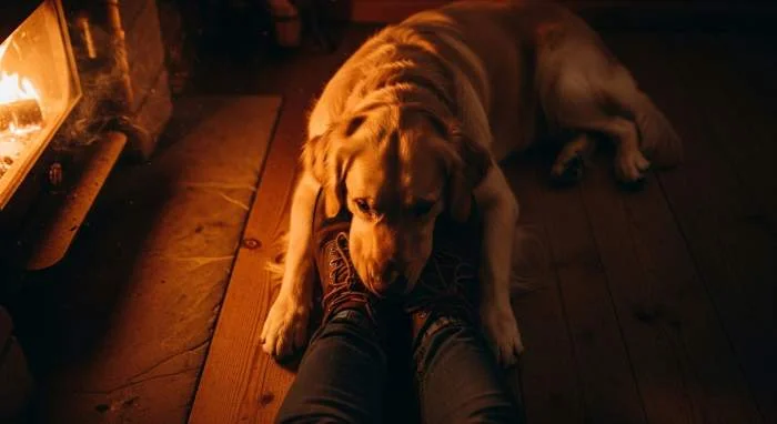 Hund liegt auf den Füßen seines Besitzers und sucht Nähe und Sicherheit