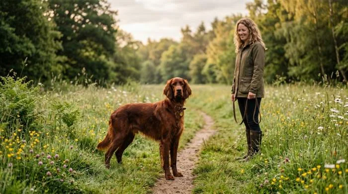 Hund zeigt vertrauensvollen Blick beim Kotabsetzen