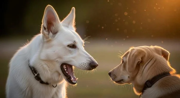 Hund gähnt mit geschlossenen Augen als Beschwichtigungssignal in angespannter Situation