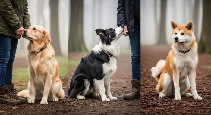 Ein brauner Hund dreht beim Kotabsetzen den Kopf zu seinem Besitzer um und sucht Blickkontakt