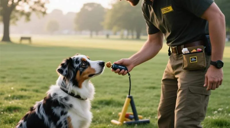Hundetraining mit Klicker und Futterbeutel: Halter zeigt 'Do as I do'-Übung im Park