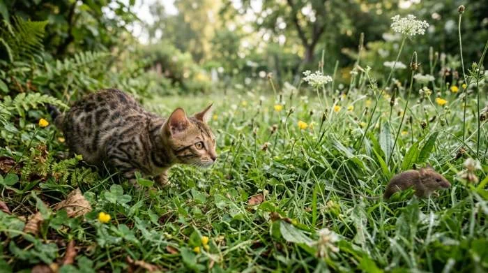 Eine junge Hauskatze mit gestromtem Fell fixiert eine lebende Maus, die sich im Garten zwischen Grünpflanzen bewegt