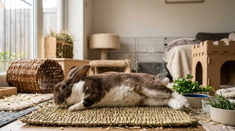 Mini Rex Kaninchen beim Flop: völlig entspannt auf der Seite liegend mit ausgestreckten Pfoten