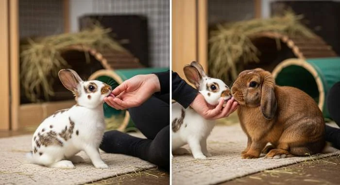 Junges und älteres Kaninchen lecken Hand des Besitzers als Zeichen tiefer Zuneigung und Vertrauen
