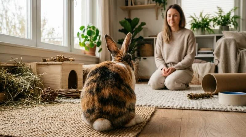 Kaninchen kommuniziert ruhig mit seinem Halter
