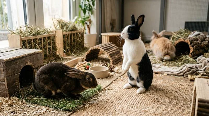 Kaninchen zeigen unterschiedliche Körperhaltungen im Gehege