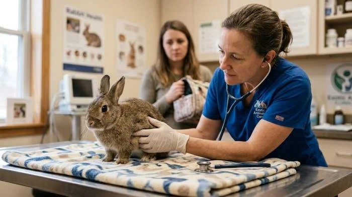 Kaninchen beißt aus Schmerzen plötzlich zu, Tierhalterin untersucht vorsichtig das Maul ihres Kaninchens