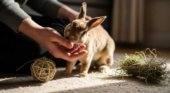 Kaninchen leckt als Zuneigungsgeste die Hand des Halters, der mit einem Spielzeug ablenkt