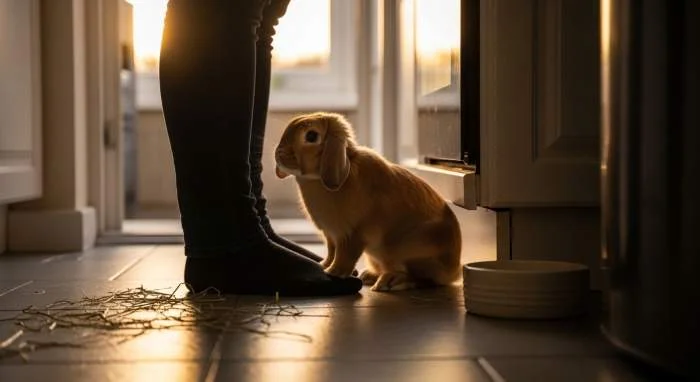 Kaninchen stupst seinen Besitzer morgens mit der Nase an, um auf sein Frühstück aufmerksam zu machen und Futter einzufordern.