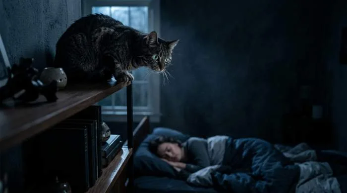 Katze beobachtet ihren schlafenden Besitzer im Bett