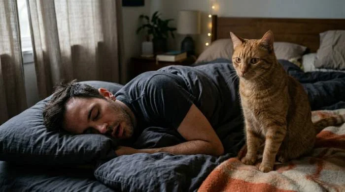 Getigerte Katze wacht über ihren schlafenden Besitzer