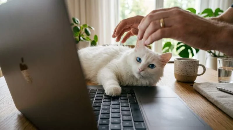 Türkisch Angora liegt auf Laptop Tastatur