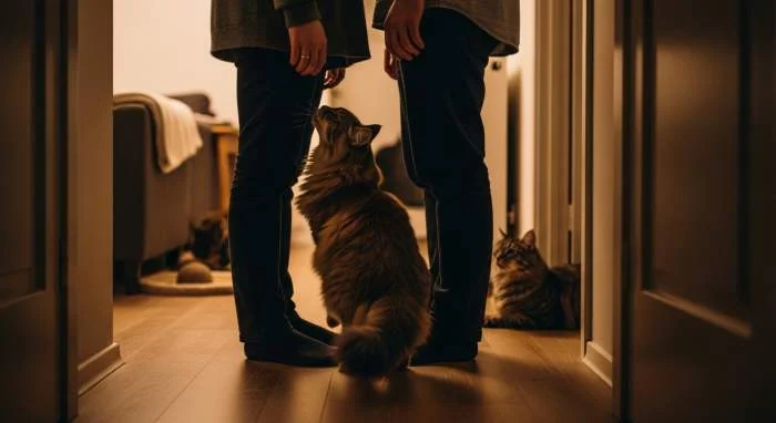 Katze reibt Kopf an menschlichen Beinen und setzt Duftmarken für den gemeinsamen Familienduft