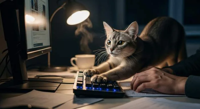 Katzen auf einem Laptop, die auf der Tastatur liegen und Aufmerksamkeit suchen
