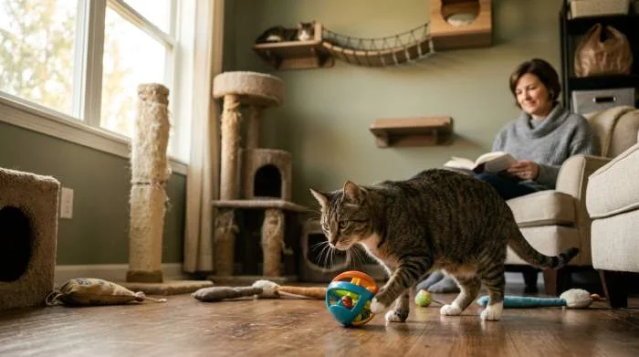 Eine Katze erkundet spielerisch eine Plastiktüte, während ein Katzenbaum mit Spielzeug im Hintergrund für Abwechslung sorgt.
