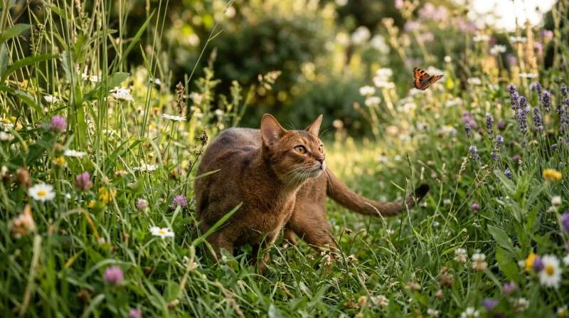 Abessinier mit geweiteten Pupillen schnattert am Fenster beim Beobachten eines Vogels