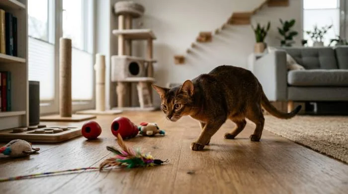 Abyssinier Katze springt mit konzentriertem Blick auf eine Spielangel zu