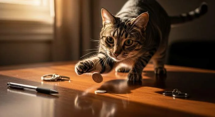 Eine Katze stupst mit ihrer Pfote einen kleinen Gegenstand von der Tischkante, Jagdverhalten oder Aufmerksamkeitssuche?
