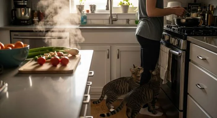 Katze streift schnurrend um die Beine ihres Besitzers in der Küche, ein typisches Verhalten zur Reviermarkierung und sozialen Bindung.