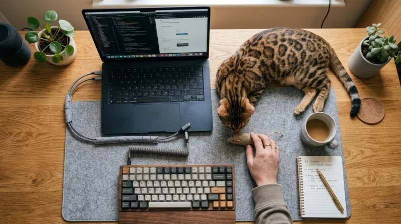 Bengal Katze neben sicherem Laptop Arbeitsplatz