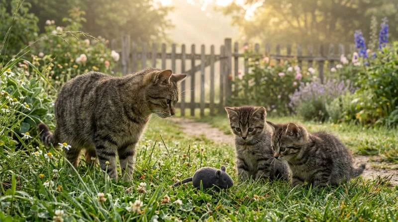 Mutterkatze zeigt Kätzchen ein Jagdobjekt