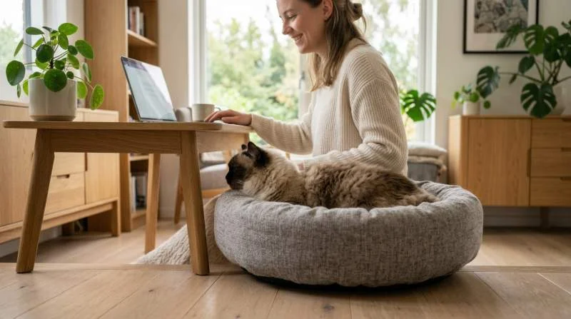 Ragdoll Katze ruht neben dem Schreibtisch