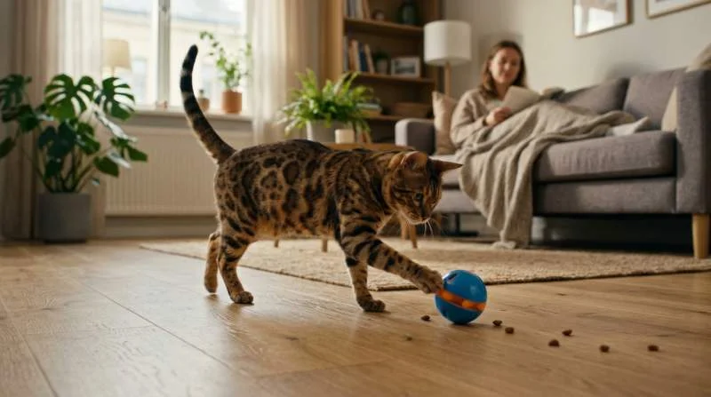 Bengalkatze schiebt einen rollenden Futterball als interaktives Puzzle-Spielzeug über den Wohnzimmerboden