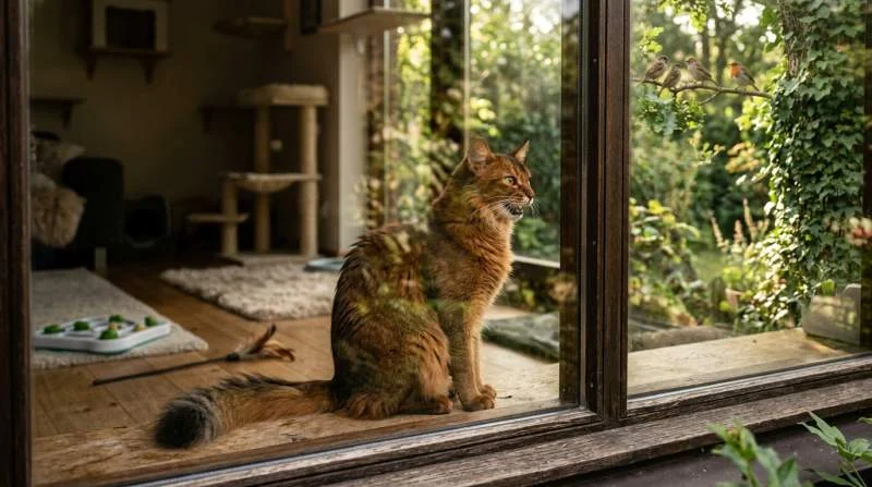 Somali Katze mit geweiteten Pupillen schnattert beim Anblick von Vögeln vor dem Fenster