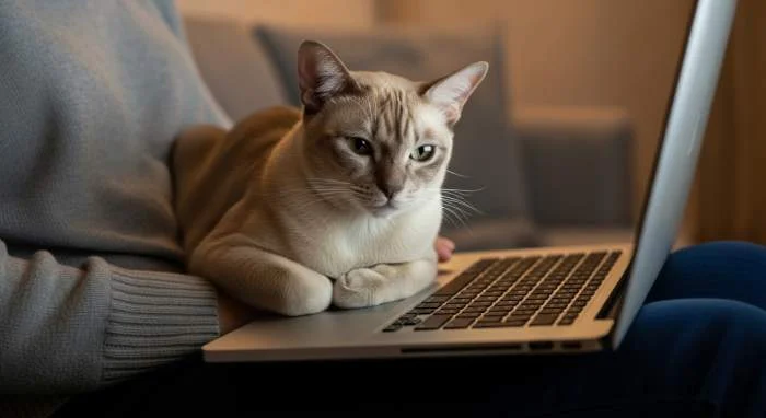 Eine getigerte Katze döst zusammengerollt auf der Tastatur eines geöffneten Laptops.