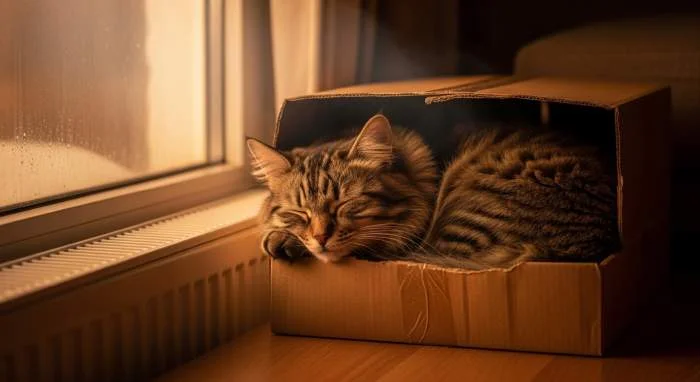 Graue Katze schmiegt sich in einen kleinen Karton und speichert Körperwärme.