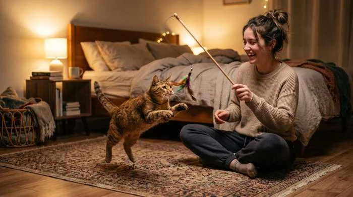 Katze beobachtet schlafenden Menschen mit entspanntem Blick