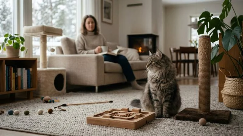 Norwegische Waldkatze wirkt nachdenklich neben einem Futterpuzzle mit versteckten Leckerlis