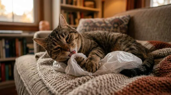Eine getigerte Katze leckt an einer weißen Plastiktüte, ein beruhigendes Verhalten aus der Kittenzeit.