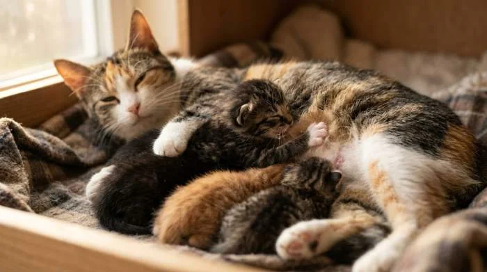 Katze knetet mit Pfoten auf weicher Decke, zeigt Milchtritt als Zeichen von Geborgenheit und Vertrauen