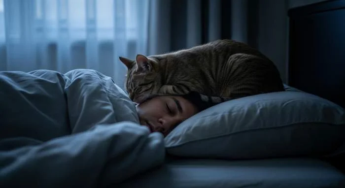 Katze schläft morgens auf dem Kopf ihres Besitzers, sucht Wärme und Geborgenheit nach einem stressigen Tag.