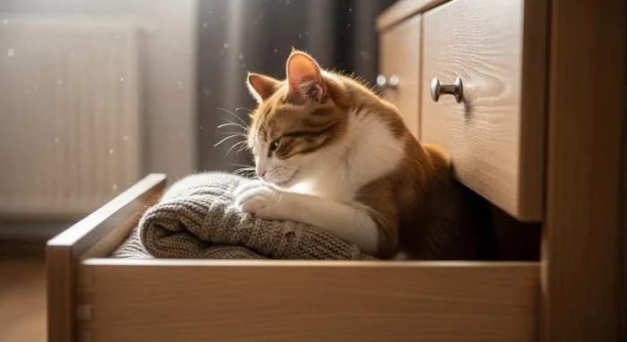 Getigerte Katze kuschelt sich instinktiv in einen engen, zu kleinen Karton als sicheres Versteck.