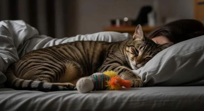 Eine getigerte Katze schläft zusammengerollt auf dem Kopf einer im Bett liegenden Person.