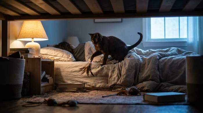 Katze legt Spielzeug auf ein Bettkissen als Geschenk für ihren Menschen