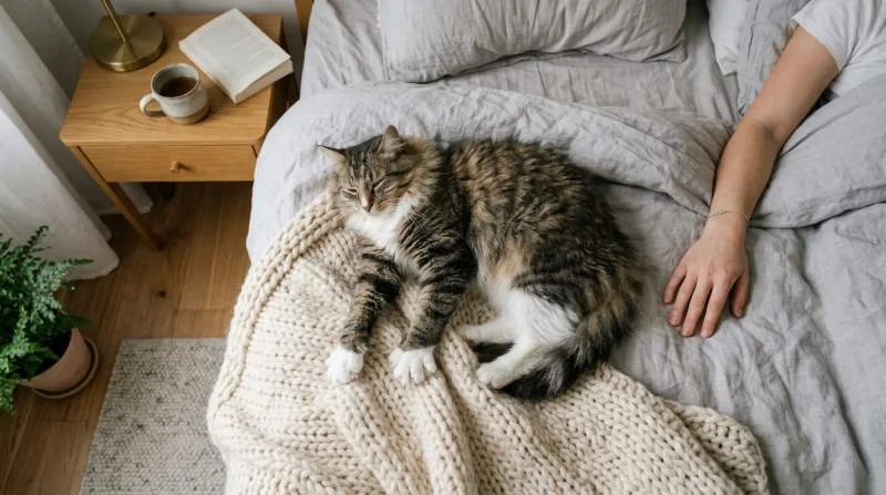 Entspannte Katze beim Milchtritt: Sie knetet rhythmisch mit den Vorderpfoten auf einer weichen Strickdecke