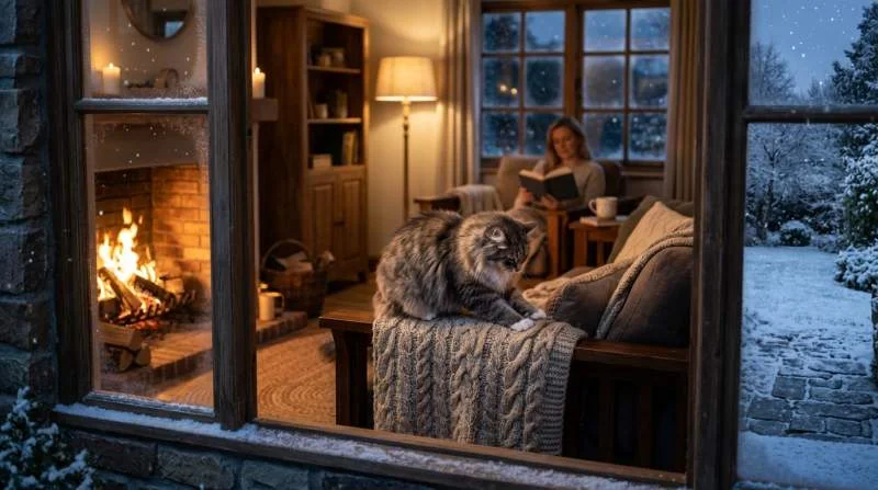 Entspannte Hauskatze tretelt mit den Pfoten auf einer weichen Decke und schnurrt dabei vor Wohlbefinden