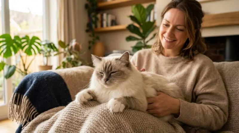 Birma Katze tretelt entspannt auf dem Schoß ihres Besitzers und zeigt dabei tiefstes Vertrauen