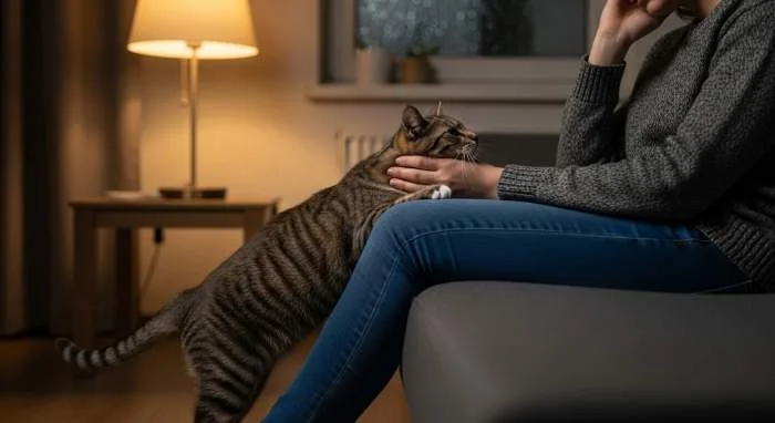 Katze reibt Kopf an Beinen ihres Halters als Zeichen von Vertrauen und sozialer Bindung.