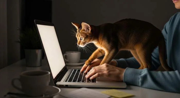 Graue Katze döst zusammengerollt auf einem aufgeklappten Laptop, die Pfoten liegen zwischen den Tasten auf der Tastatur