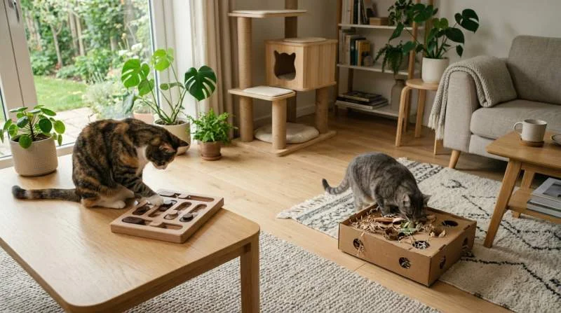Zwei Katzen spielen mit einem Intelligenzspielzeug, eine schiebt bunte Bälle, die andere beobachtet aufmerksam
