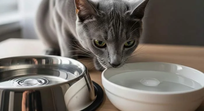 Katzenhalter trennt Wasser- und Futternapf, um natürliche Trinkinstinkte zu unterstützen