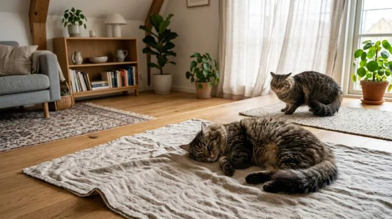 Vergleich entspannter und angespannter Körpersprache bei einer Katze: halb geschlossene Augen vs. geweitete Pupillen und angelegte Ohren