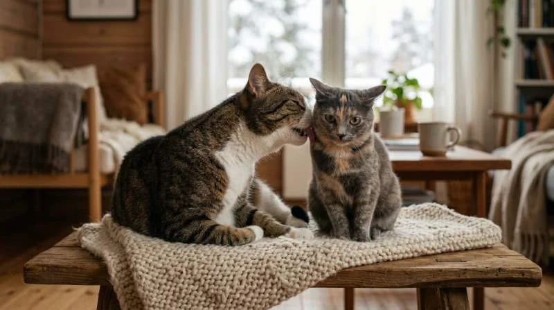 Eine Katze putzt einer anderen den Kopf, während diese angespannt die Ohren anlegt, ein Zeichen für Dominanz.